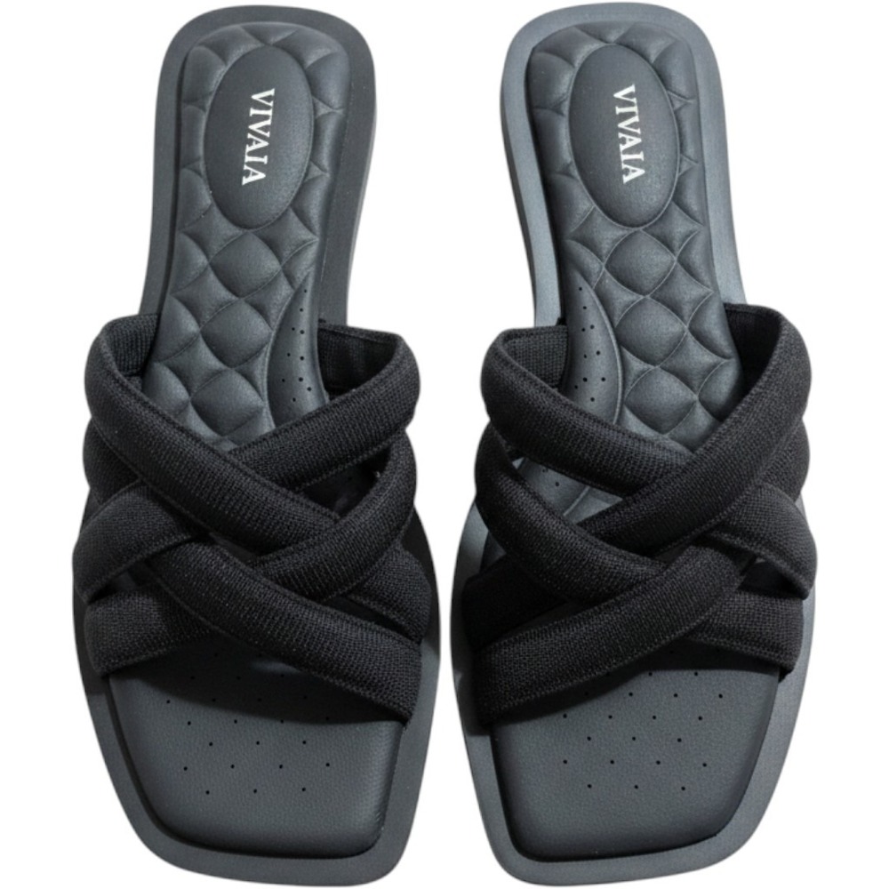 Vivaia Black Pillowtop Slide Sandals Square Toe Flat Womens 39 8.5 comfort